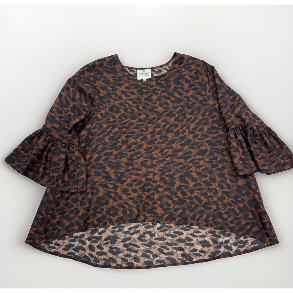 La Roque Blouse Womens One Size Cheetah Print 100% Silk Flowy Ruffle Sleeve